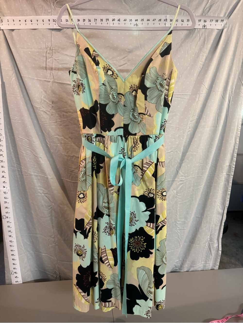 Bold Print Floral Blue & Yellow Spaghetti Strap Midi Dress